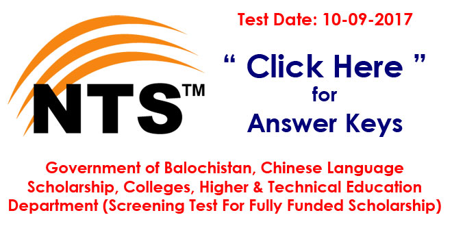 Govt of Balochistan Scholarship, Chinese Language 10 Sep 2017 – NTS Answer Keys